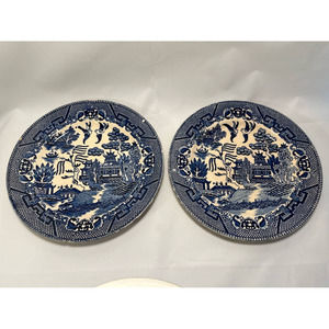 Vintage Old Blue Willow Flow Blue and White 9" Dinner Plates - Set of Two
